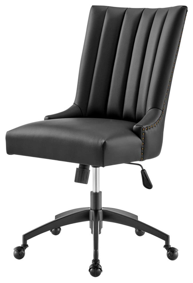 Computer Work Desk Tufted Chair, Faux Vegan Leather, Black, Home Business Office
