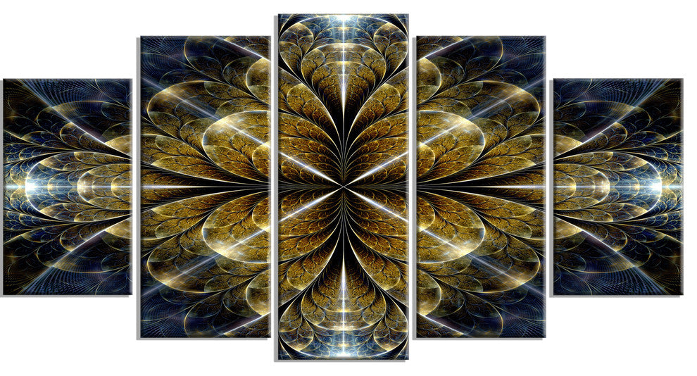 Digital Gold Fractal Flower Pattern, Abstract Wall Art Canvas, 60"x32", 5 Panels