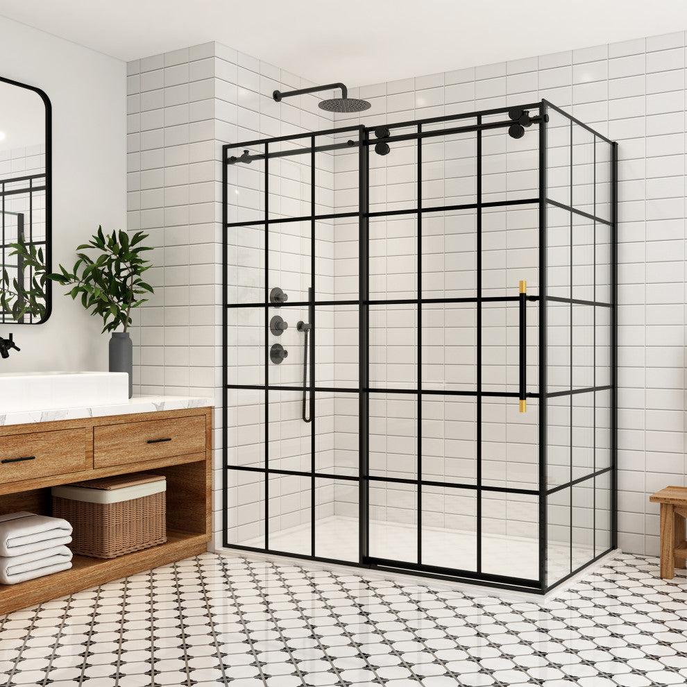 Puente Rectangle Sliding Framed Shower Enclosure, Matte Black, 68" W X 78"h