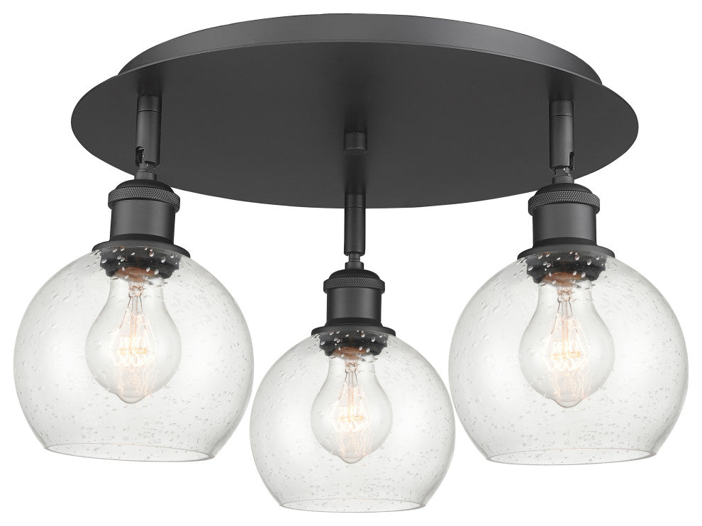 Athens-3 Light 18" Flush Mount-Matte Black, Seedy Glass Shade