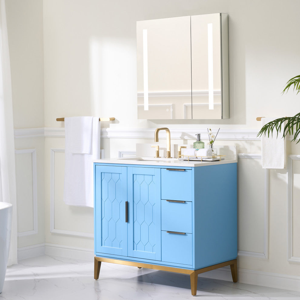 Alison Freestanding Bathroom Vanity with Italian Carrara White Marble Top, Light Blue, 36"