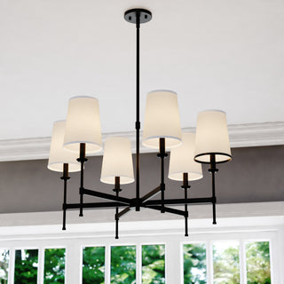 Camden 6 Light Matte Black Chandelier Fixture White Fabric Linen Shade