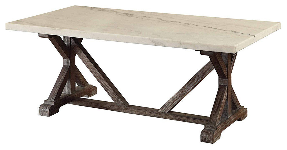 Benzara BM191236 Marble Top Coffee Table with Wooden Trestle Base, White