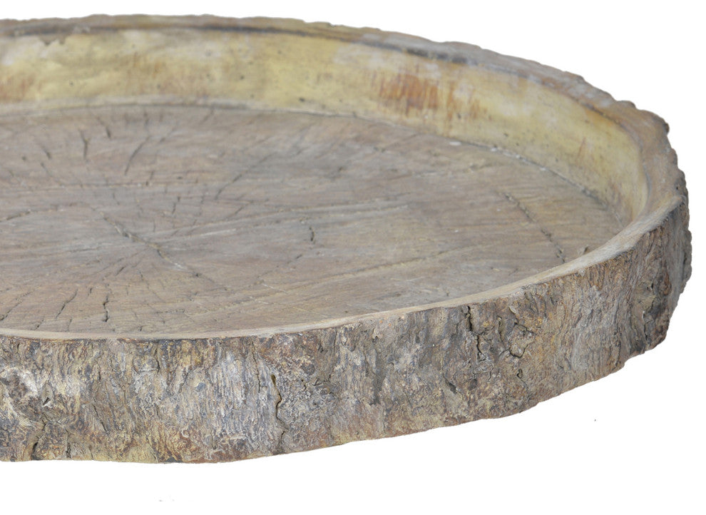 Benzara BM200902 Round Shape Cemented Log Plate With Distressed Details, Gray
