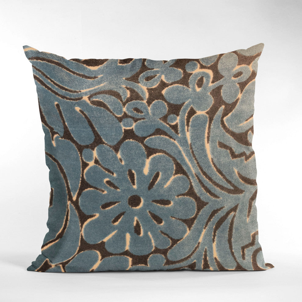 Plutus Blue Flower Velvet Paisley Luxury Throw Pillow, 24"x24"