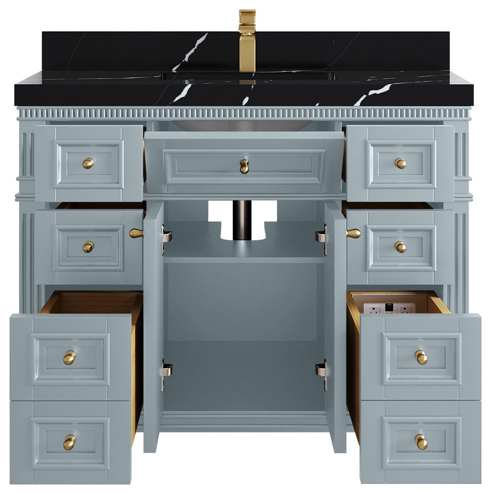 Paris 42" Single Sink Bathroom Vanity, Blue Heather 2" Calacatta Black