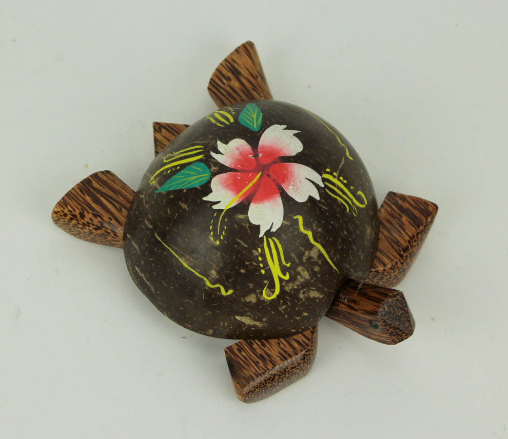 Carved Turtle Trinket Box With Hand Painted Coconut Shell Lid