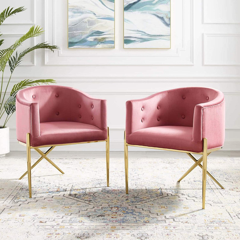 Modern Dining Chair, Golden Frame With Velvet Seat & Curved Back, Dusty Rose