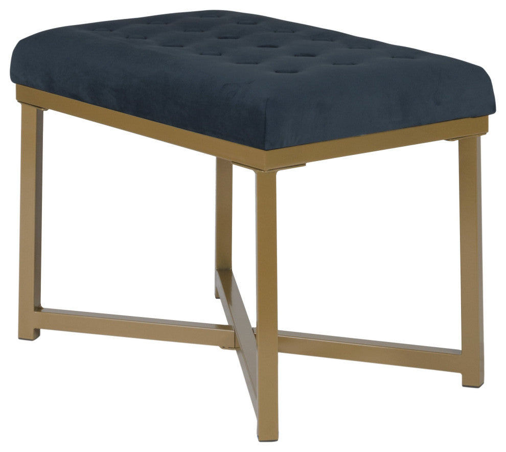 Benzara Bench with Button Tufted Velvet Upholstered Seat, Dark Blue and Gold