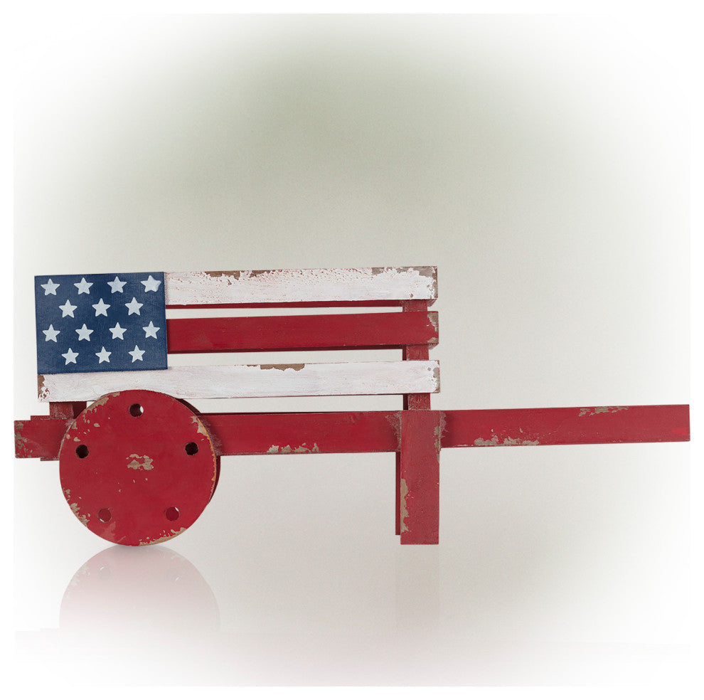 American Flag Wooden Wheel Barrel Planter