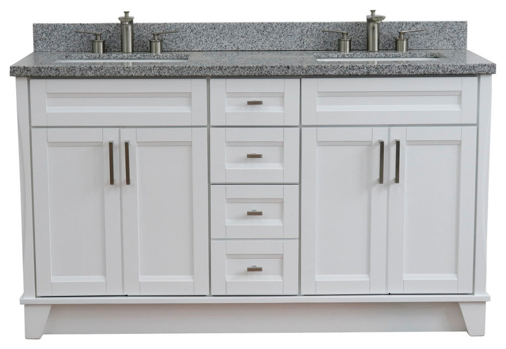 61" Double Sink Vanity, White Finish And Gray Granite And Rectangle Sink