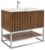 Terra Bathroom Vanity, Walnut/Brushed Nickel, 36", White Quartz Top