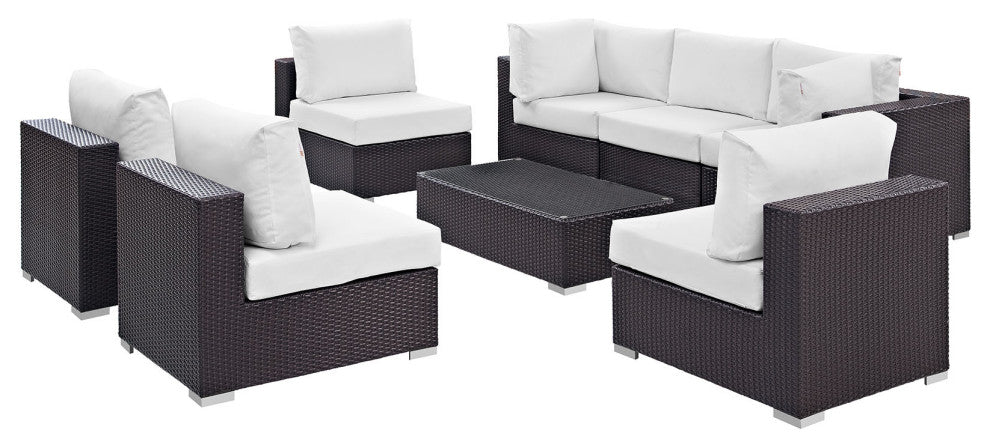 Modway Convene 8 Piece Outdoor Patio Sectional Set, Espresso White
