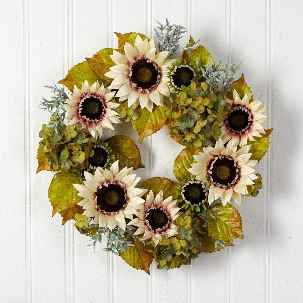 Nearly Natural W1243 24 White Sunflower and Hydrangea Artificial Autumn Wreath