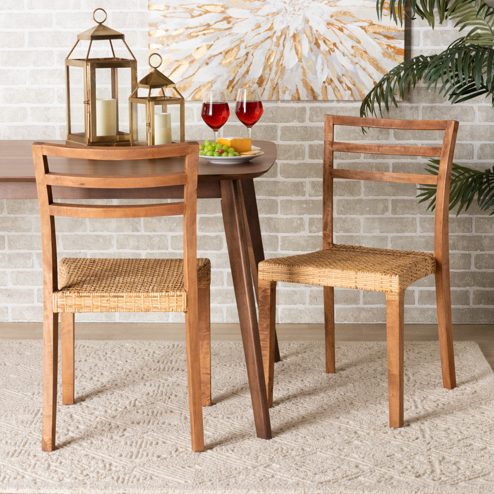 Griffith 2-Piece Dining Chair Set, Walnut Finished Wood & Natural Rattan