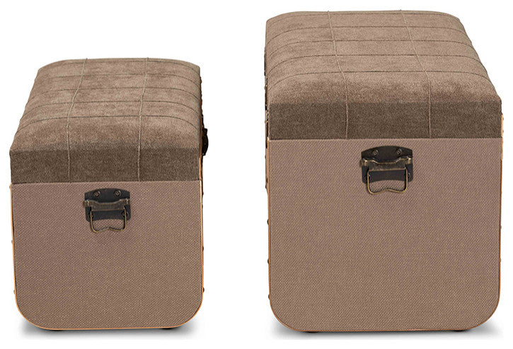 Brown Fabric Upholstered and Walnut Wood 2-Piece Storage Ottoman Trunk Set