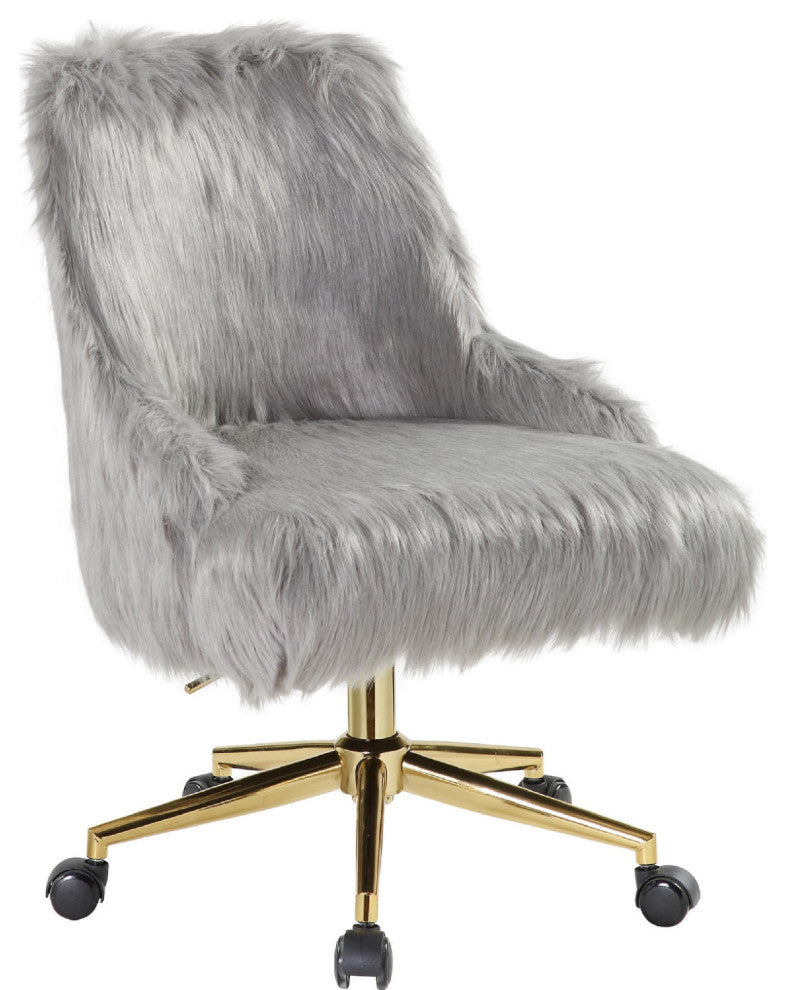 Benzara BM269064 Swivel Office Chair With Faux Fur Fabric, Gray and Gold