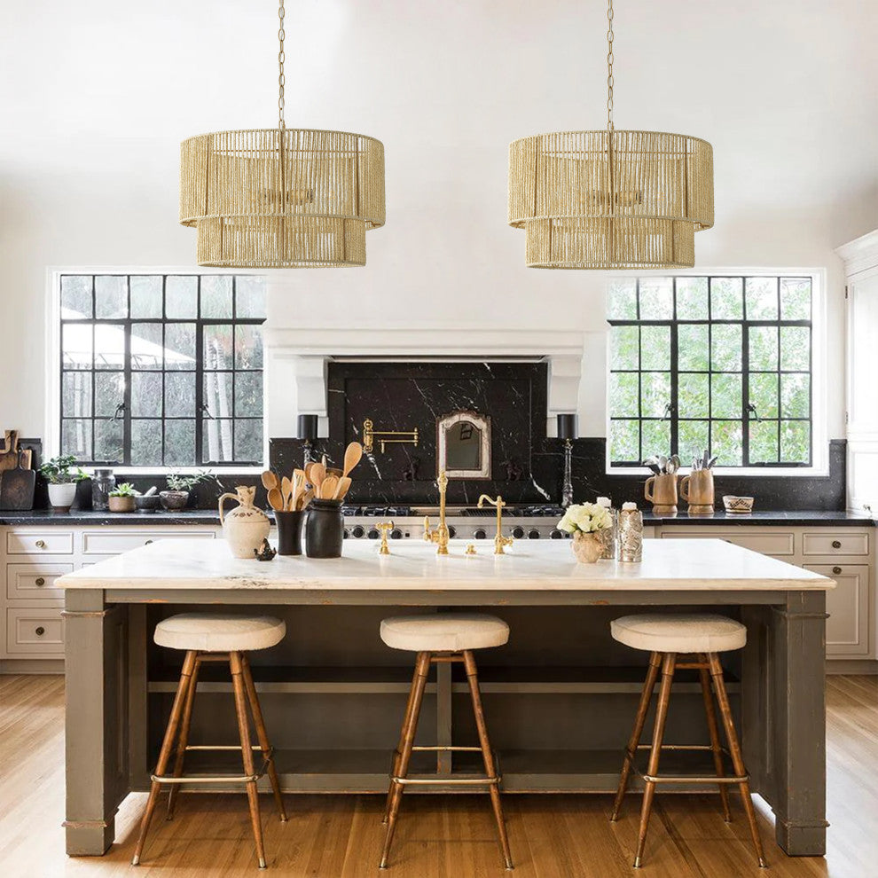 Farmhouse Gold 4-Light Paper Rope Craft Pendant Light