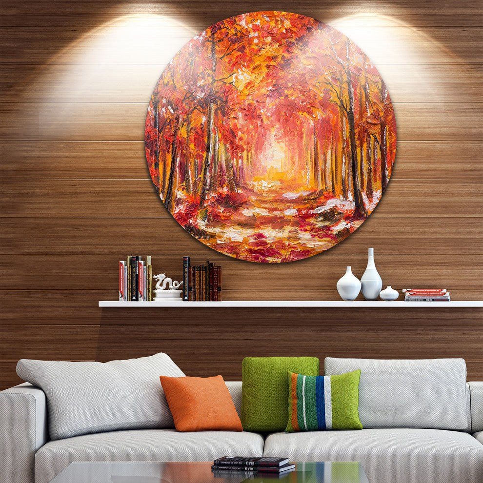 Autumn Forest In Red Shade, Landscape Disc Metal Artwork, 11"