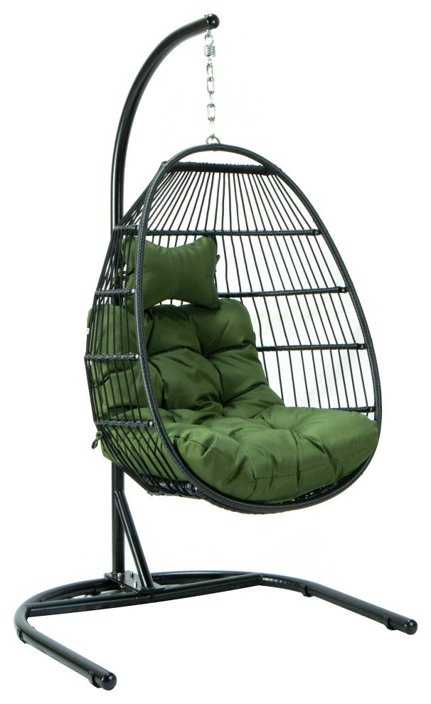 LeisureMod Wicker Folding Hanging Egg Swing Chair, Dark Green