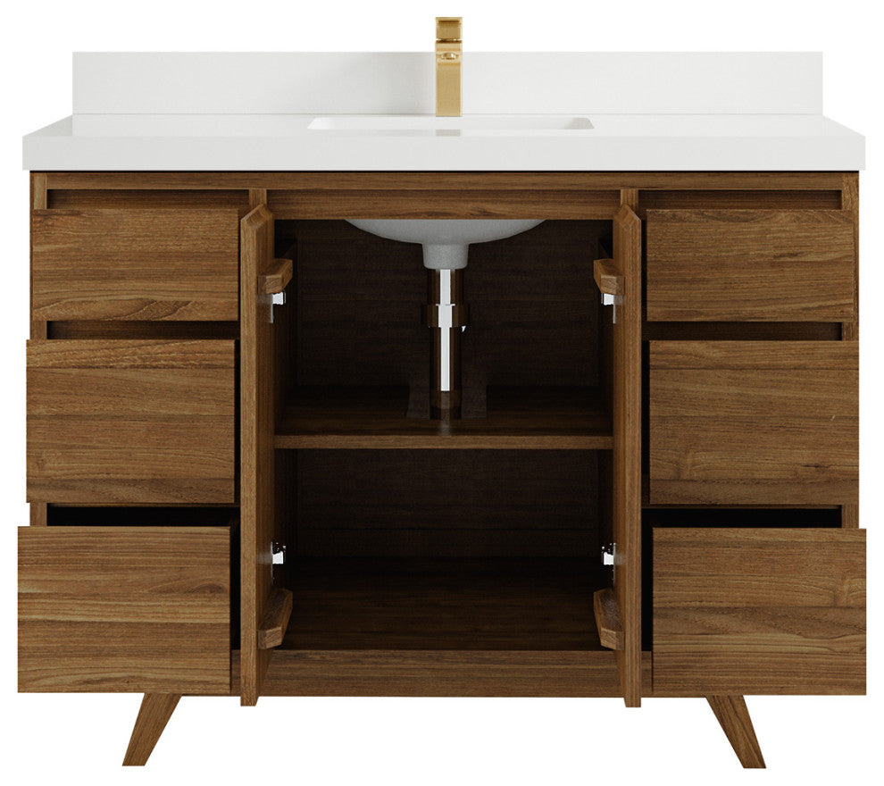 Madison Teak 48 Single Sink Bath Vanity in Dark Natural 2" White Quartz
