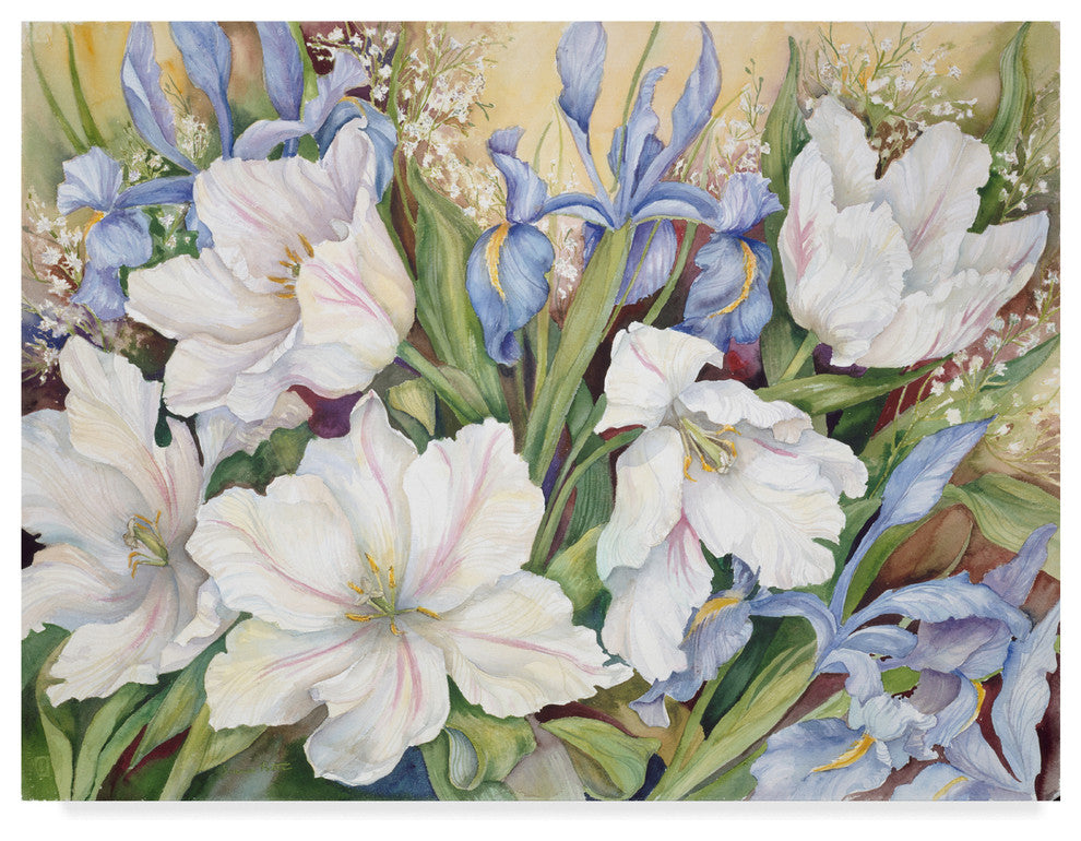 Joanne Porter 'White Tulips Blue Iris' Canvas Art, 47"x35"