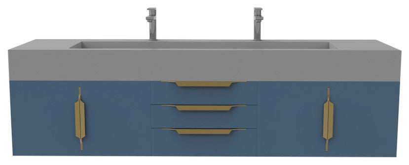 CastelloUSA Nile 72" Wall Mounted Bathroom Vanity Set, Blue, Gray Top, Gold Handles