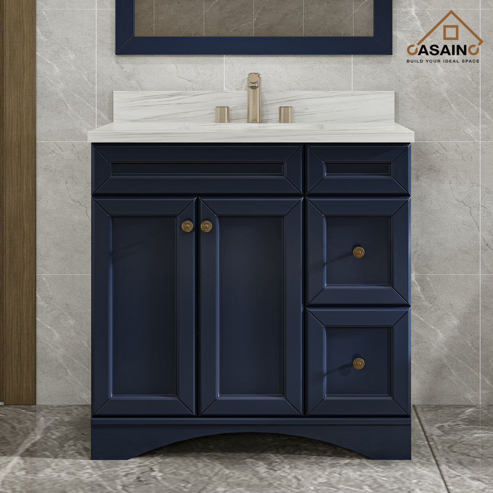 Single Sink Bath Vanity in Navy Blue with White Marble Top and Basin, 36in