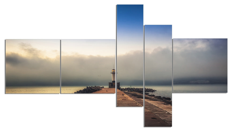 Lighthouse on Coast and Cloudy Sky, Modern Canvas Art Print, 60"x32", 5 panels
