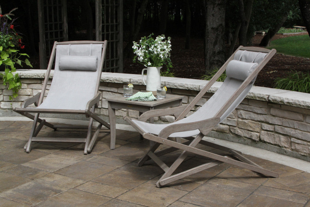 3-Piece Gray Wash Eucalyptus Folding Swing Lounger Set With Accent Table