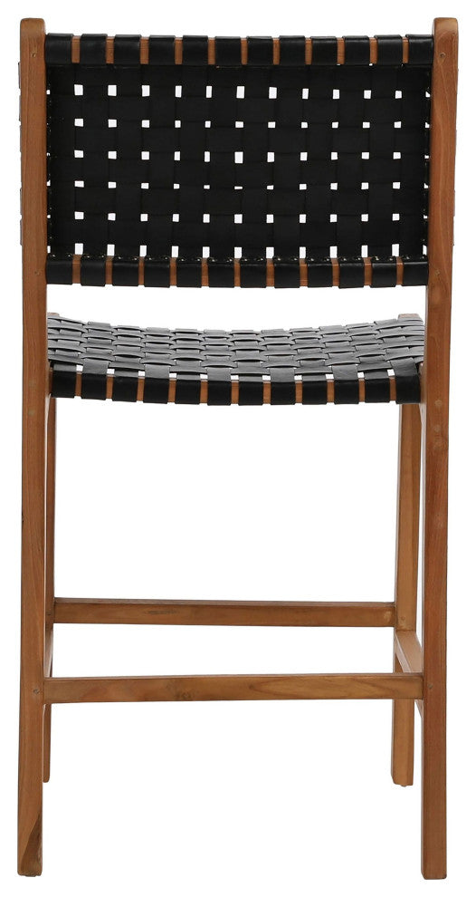 Maverick Top Grain Woven Black Leather With Teak Frame Dining Counter Stool