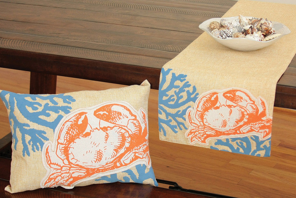 Applique Crab With Print Coral Coastal Table Runner,13.5 by 72-Inch