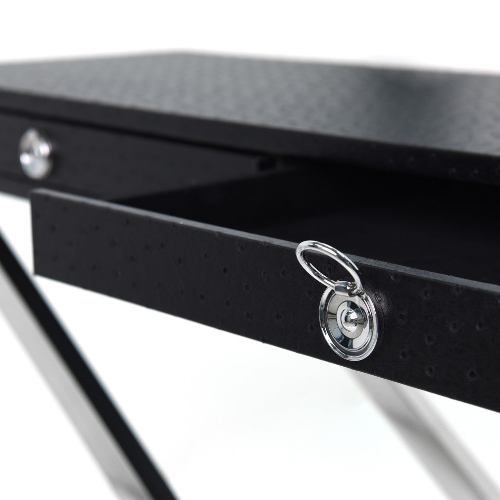 Black Ostrich Leather Console Table With Stainless Steel Legs