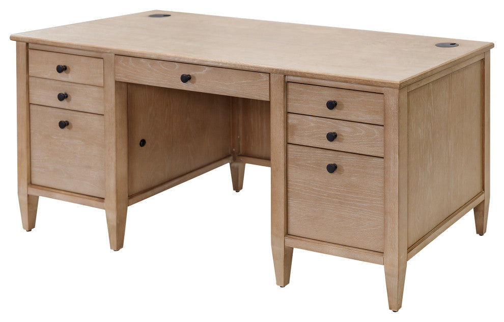 Modern Wood Double Pedestal Desk, Wood Office Desk, Fully Assembled, Light Brown