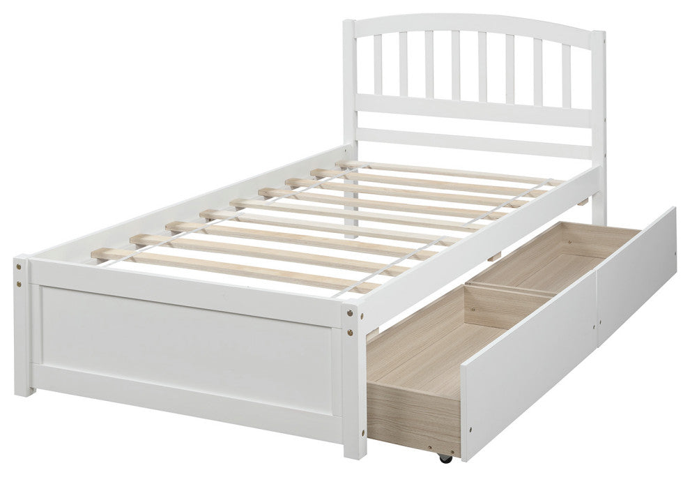 Gewnee Wood Twin Platform Bed with Storage Drawers in White