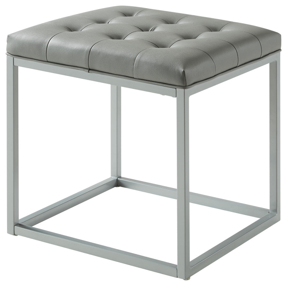 Teresa PU Leather Button Tufted Metal Frame Cube Ottoman, Gray