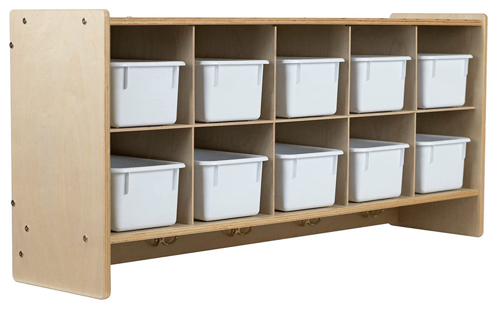 10 Section Wood Cubbies Storage, White Bins, Wall Hanging Organizers