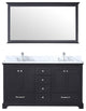 Dukes 60" Espresso Double Vanity Carrara Marble Top Sinks, 58" Wall Mirror