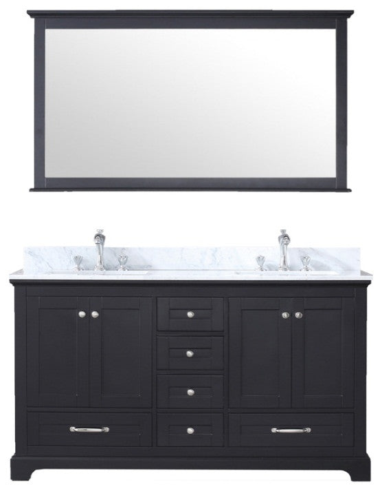 Dukes 60" Espresso Double Vanity Carrara Marble Top Sinks, 58" Wall Mirror
