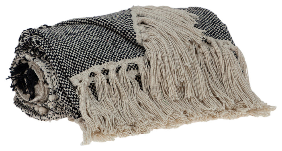 Boho Beige and Black Handloom Weave Throw With Decorative Tassels