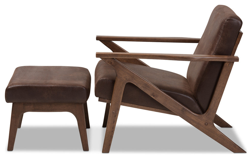 Bianca Wood Dark Brown Distressed Faux Leather Effect Lounge Chair w/ Ottoman