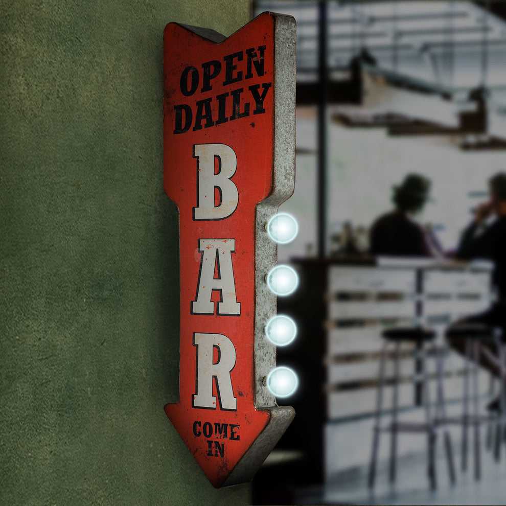 Open Daily Bar Marquee Metal Arrow LED Sign Vintage Decor