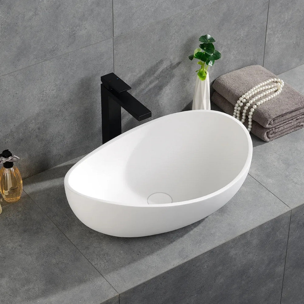 Bathroom Stone Resin Oval Vessel Sink Modern Art Sink with Pop Up Drain, Matte White