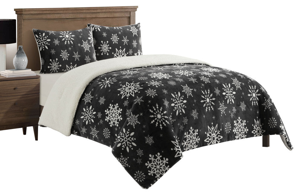 SnowFlakes 3 Piece Sherpa Comforter Set, Queen