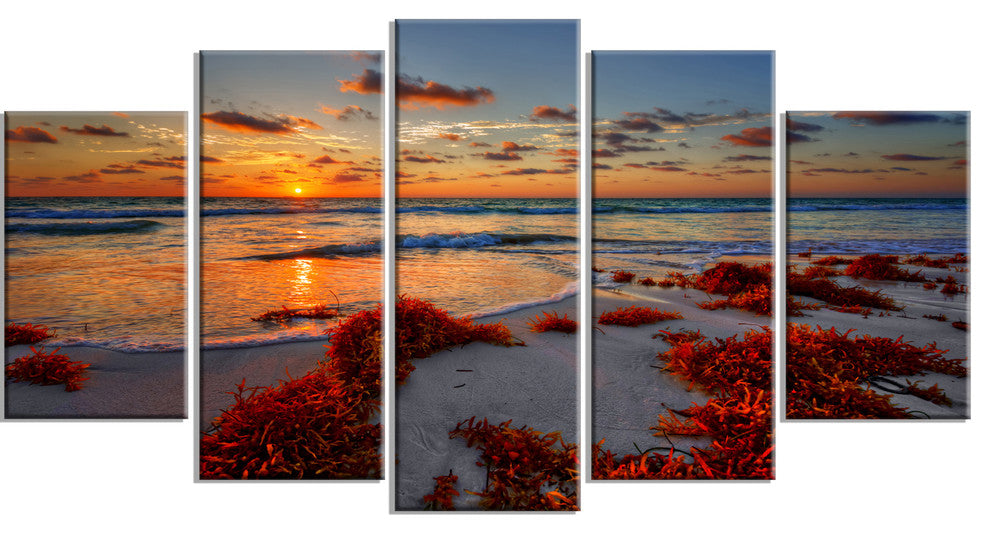 Beautiful Shore and Cloudy Sky, Landscape Canvas Print, 60"x32", 5 Panels