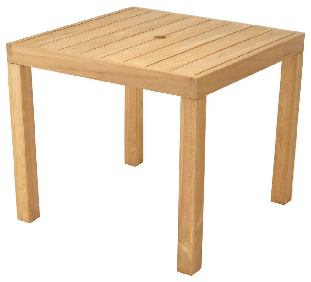 3-Piece Outdoor Teak Dining Set: 36" Square Table, 2 Wave Stacking Arm Chairs