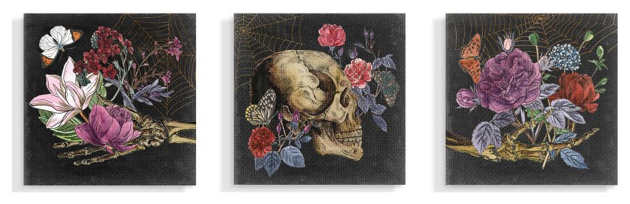 Skull And Arms Bones Floral Drawing Designs 3-Piece Set, 17"x17"