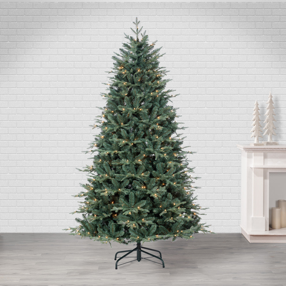 7.5' Natural Cut Blue Spruce With 2931 tips and 500 Warm White LED lights