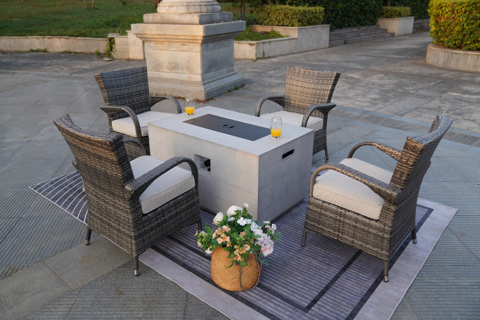Patio Wood Coating Propane Fire Pit Table with Cushioned Chairs, Rectangle-1