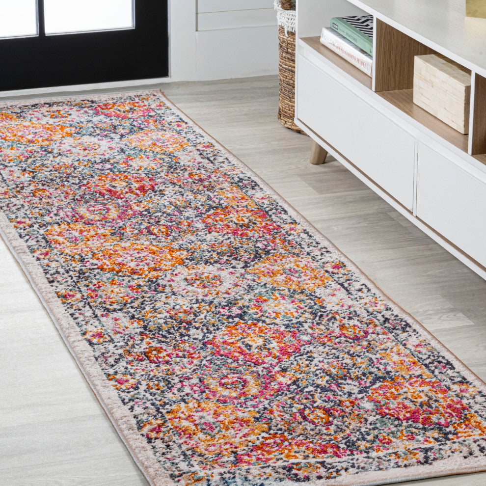 Modern Persian Boho Vintage Trellis Ivory/Navy/Multi 2'x8' Runner Rug
